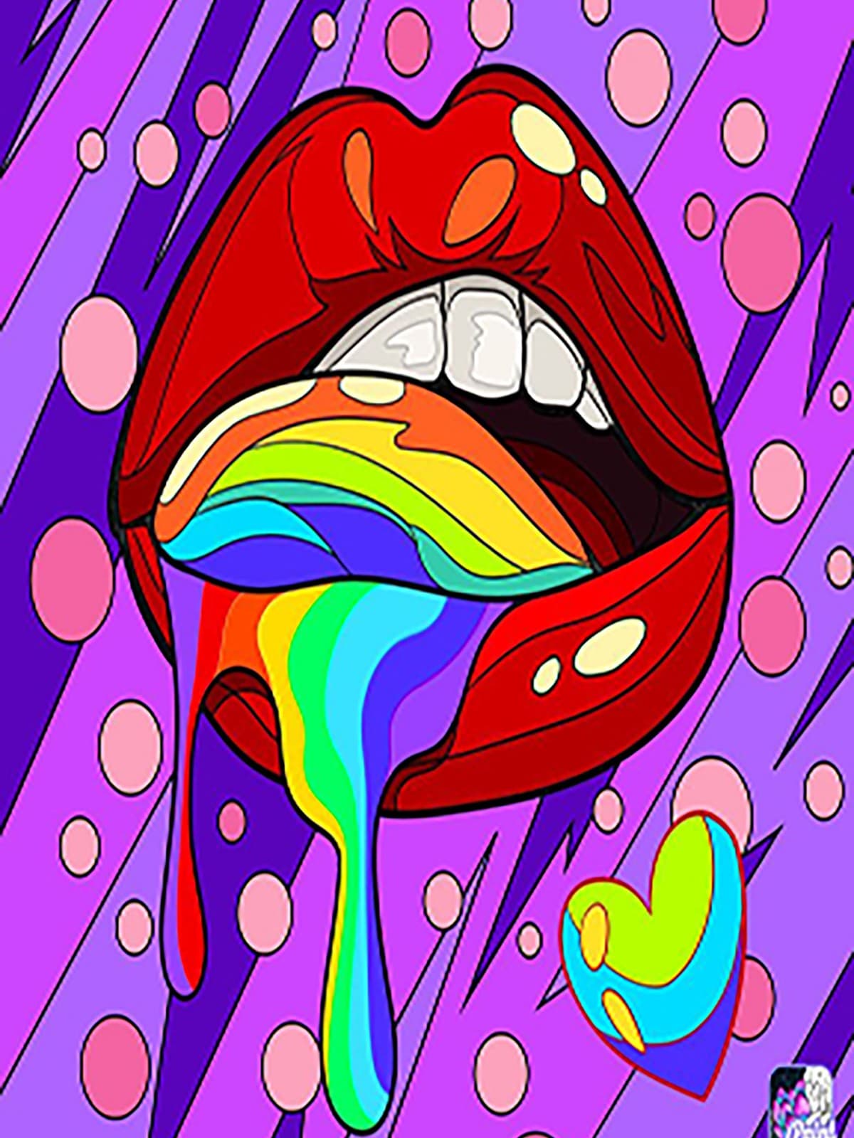 Rode lippen met druipende regenboog op paars