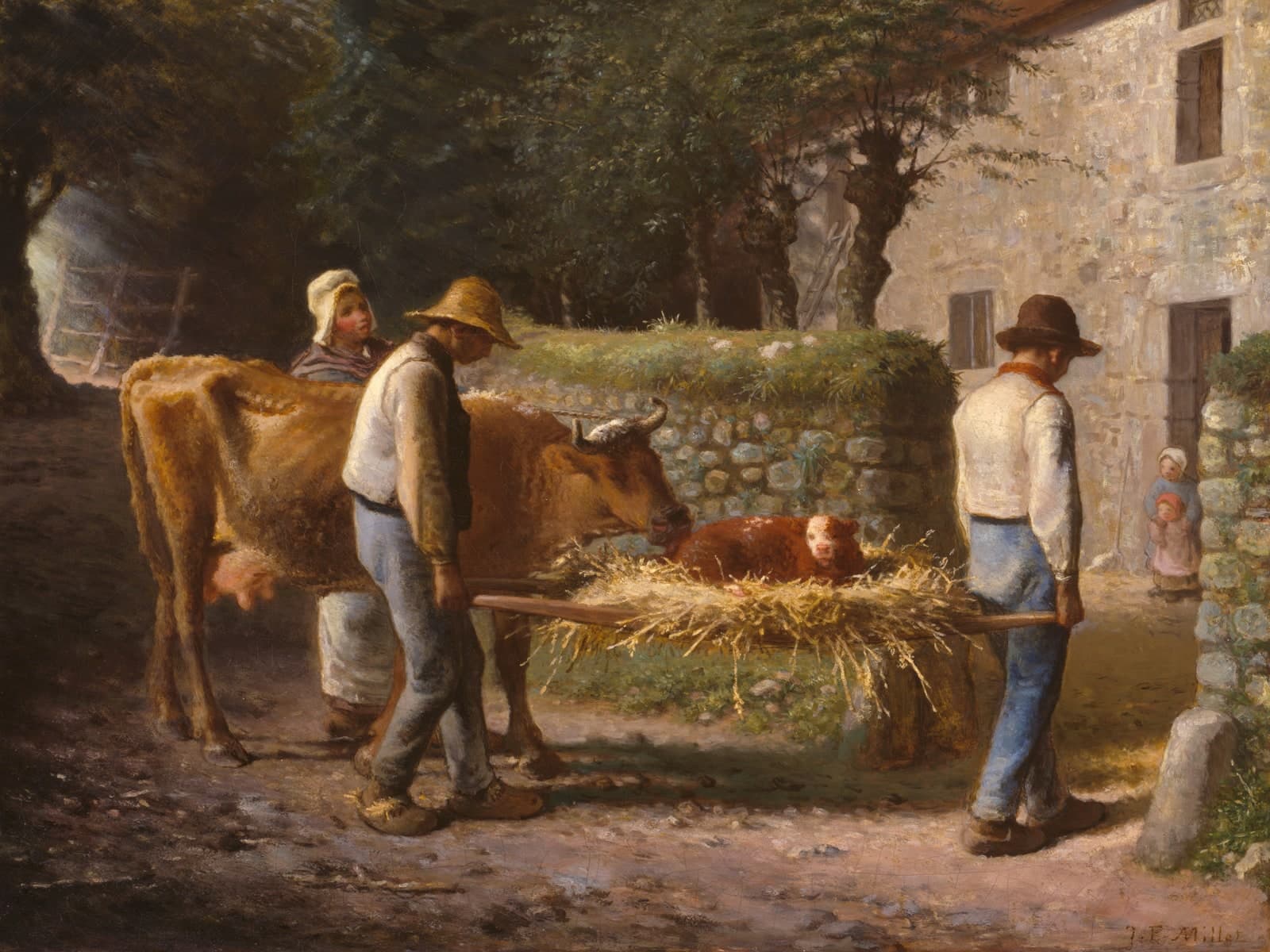 Boeren brengen een kalf naar huis