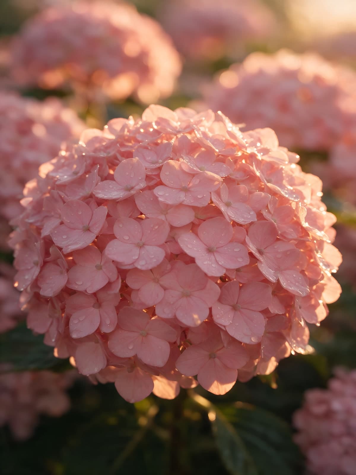 Roze hortensia in gouden avondlicht
