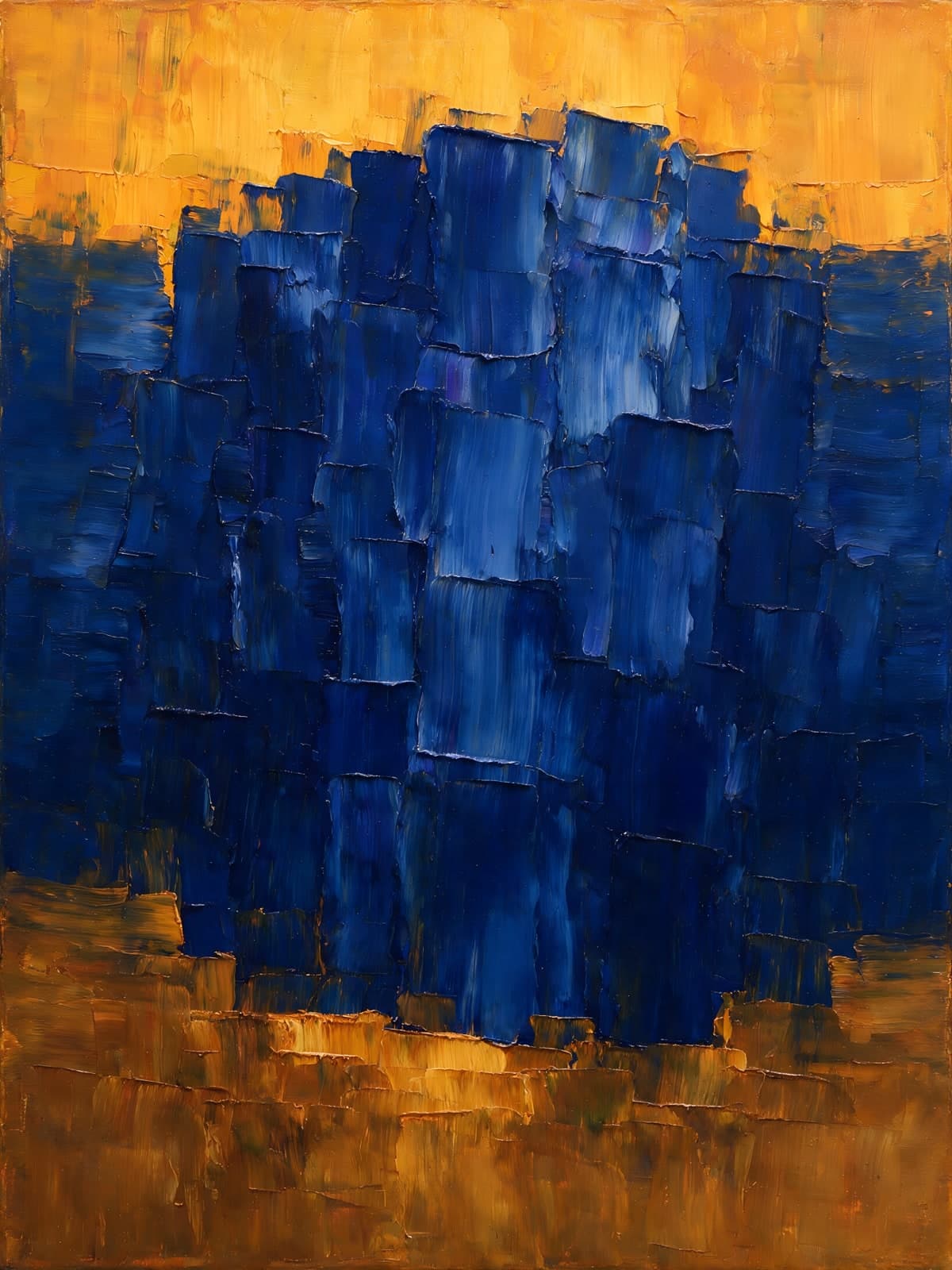 Blauwe verfblokken tegen oranje achtergrond