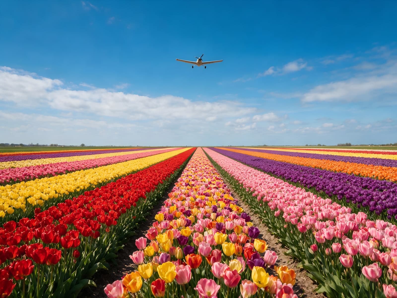 Vliegtuigje boven Hollandse tulpenvelden