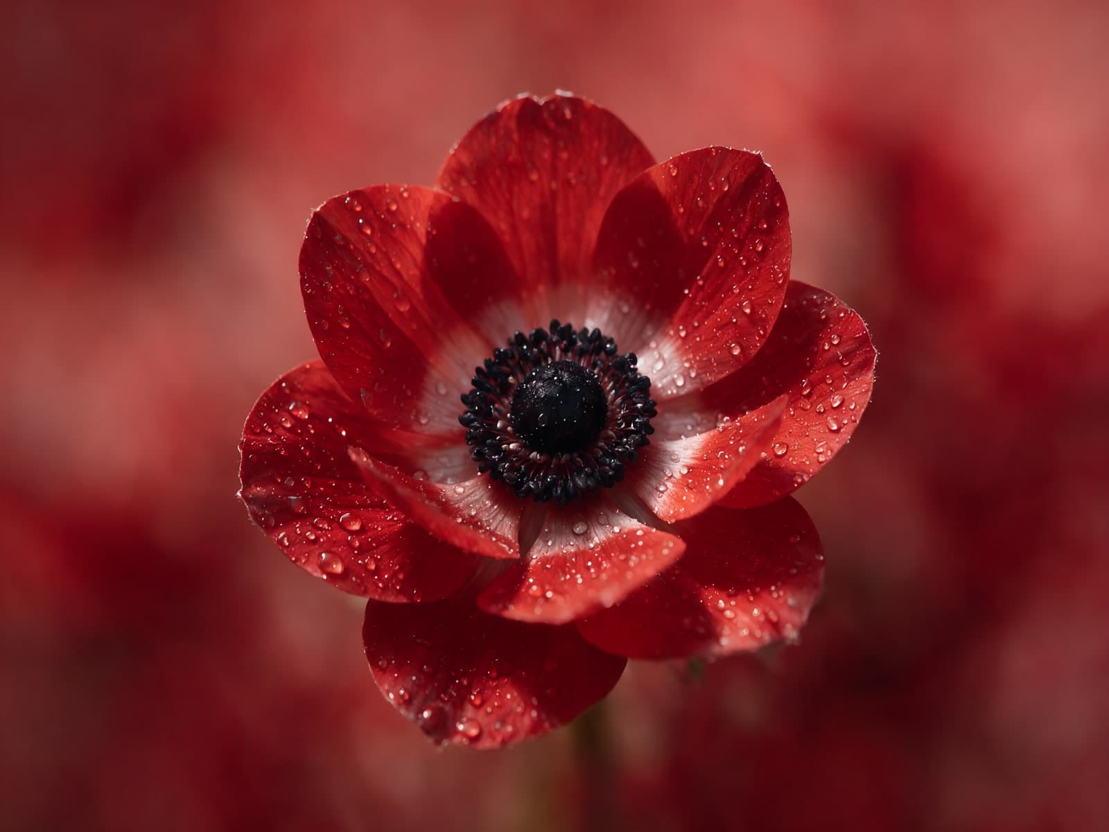 Rode anemoon met dauwdruppels op rood