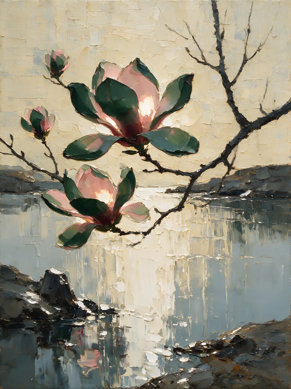 Roze magnolia's boven een spiegelend meer