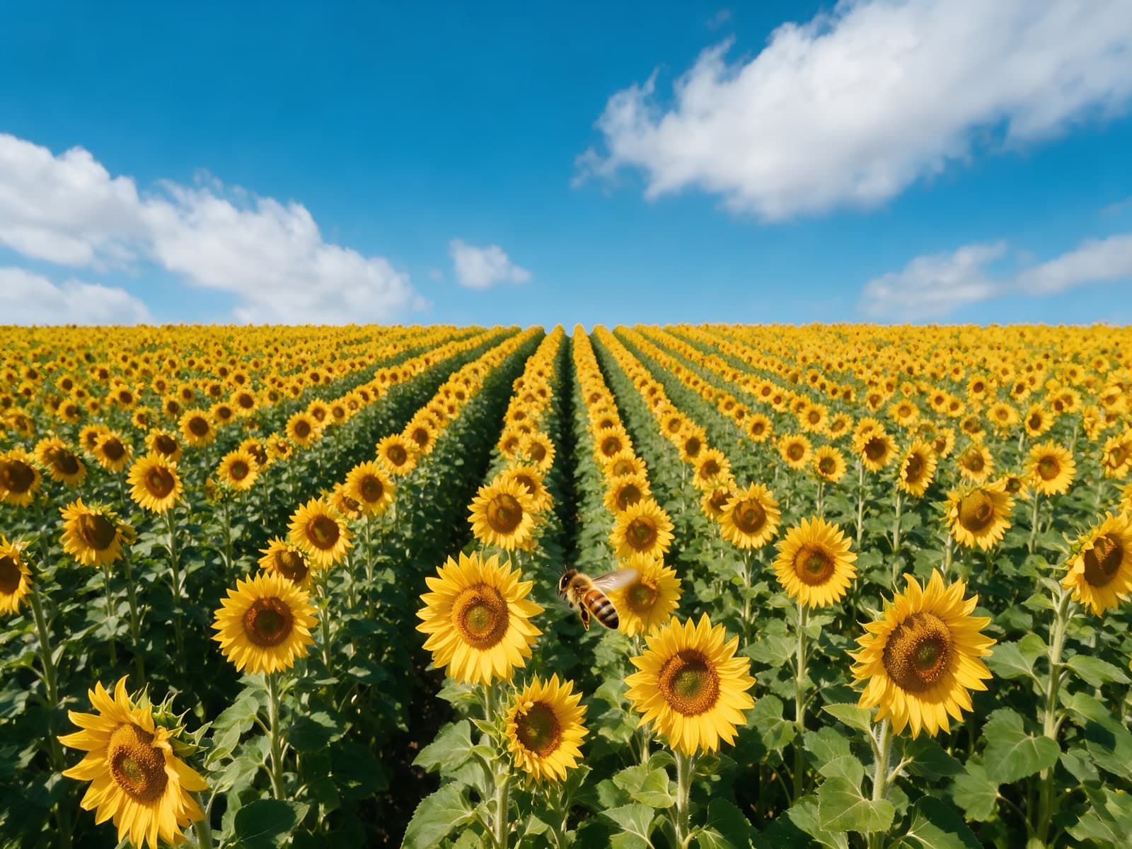 Zonnebloemenrijen onder blauwe lucht met wolken