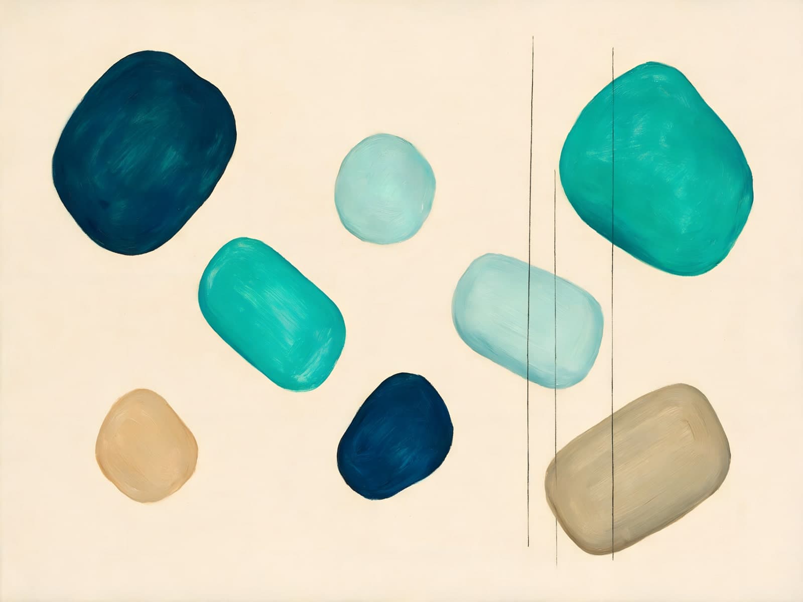 Turquoise en blauwe vormen op crèmekleurige ondergrond