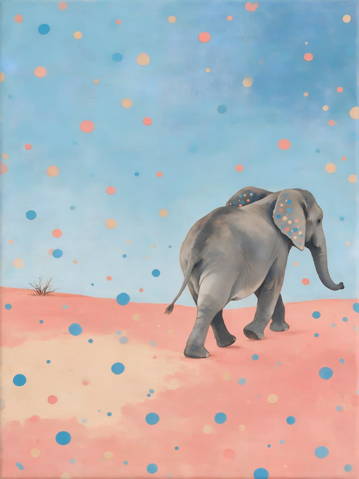 Olifant wandelt over roze grond met stippen