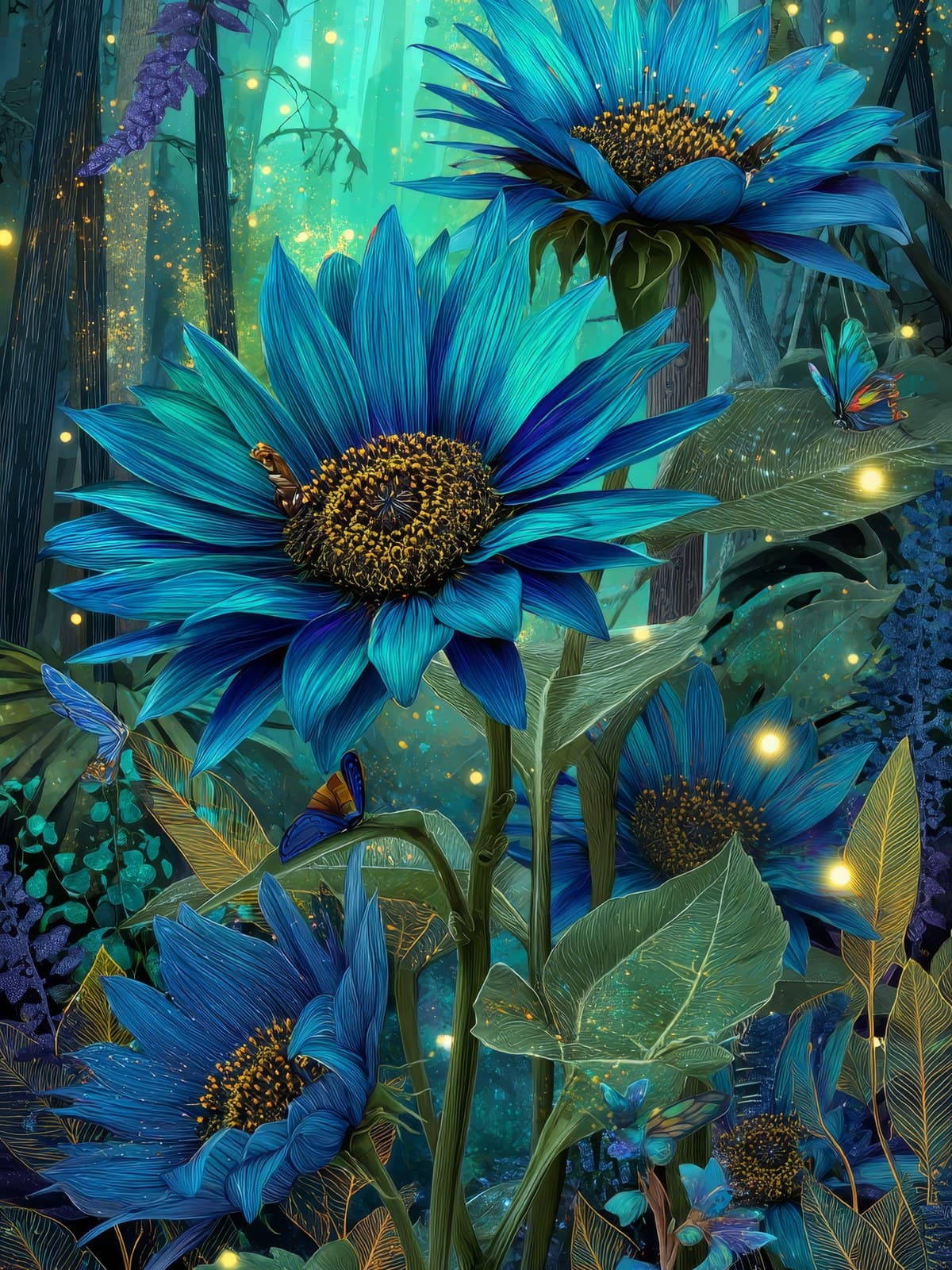 Blauwe zonnebloemen in een groen bos