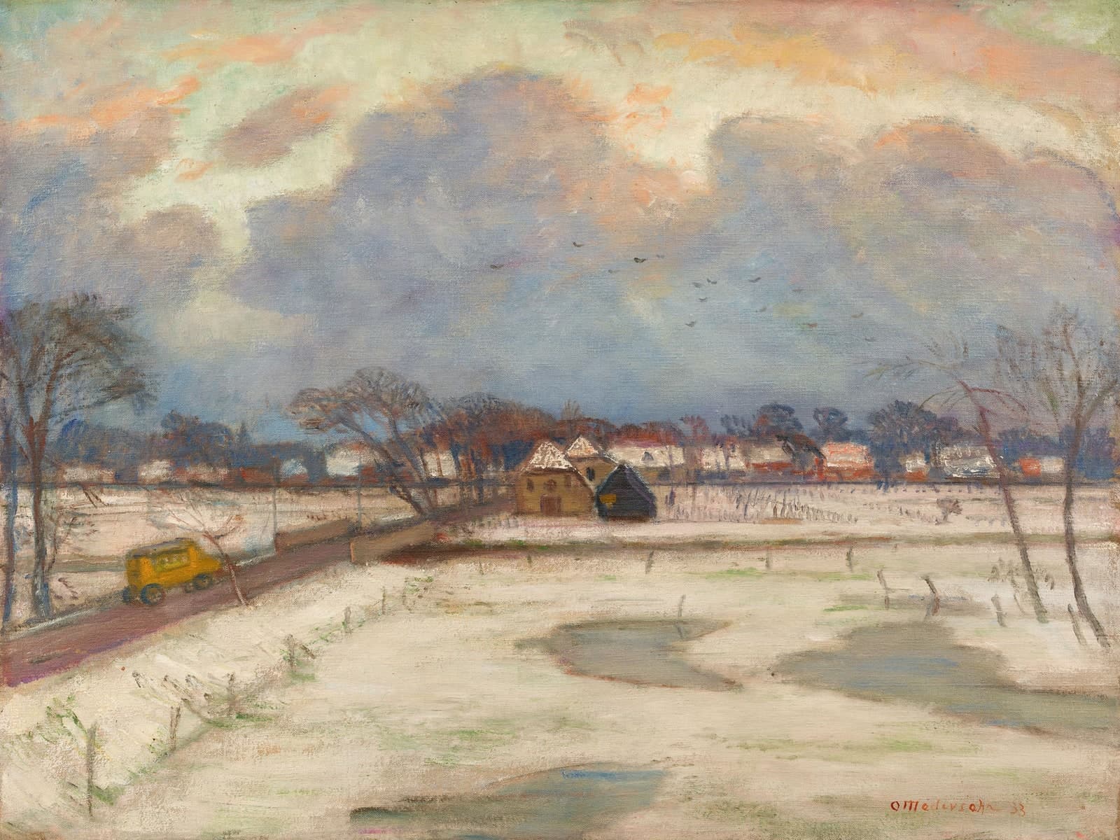 Winter in Fischerhude met besneeuwd veld en plassen