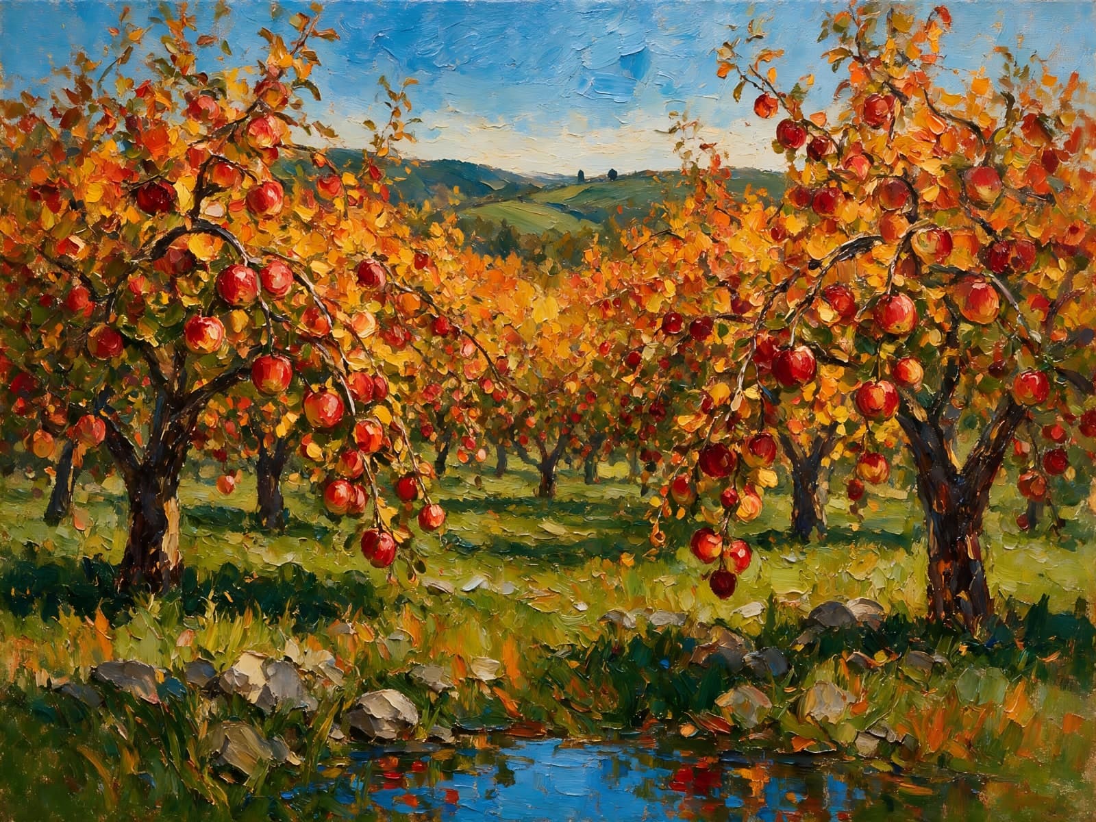 Appelbomen vol rode vruchten bij een vijver