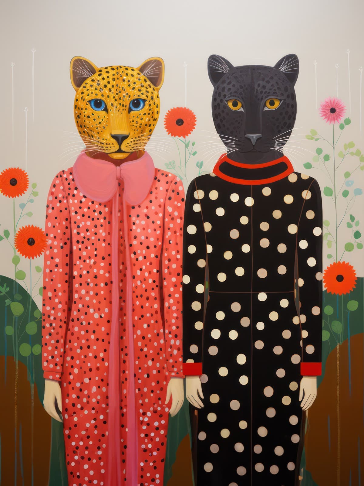 Panter en luipaardkat in stippenjassen tussen bloemen