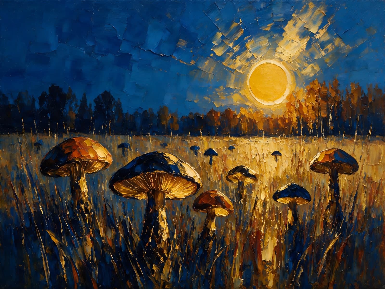 Paddenstoelen in een veld bij zonsondergang
