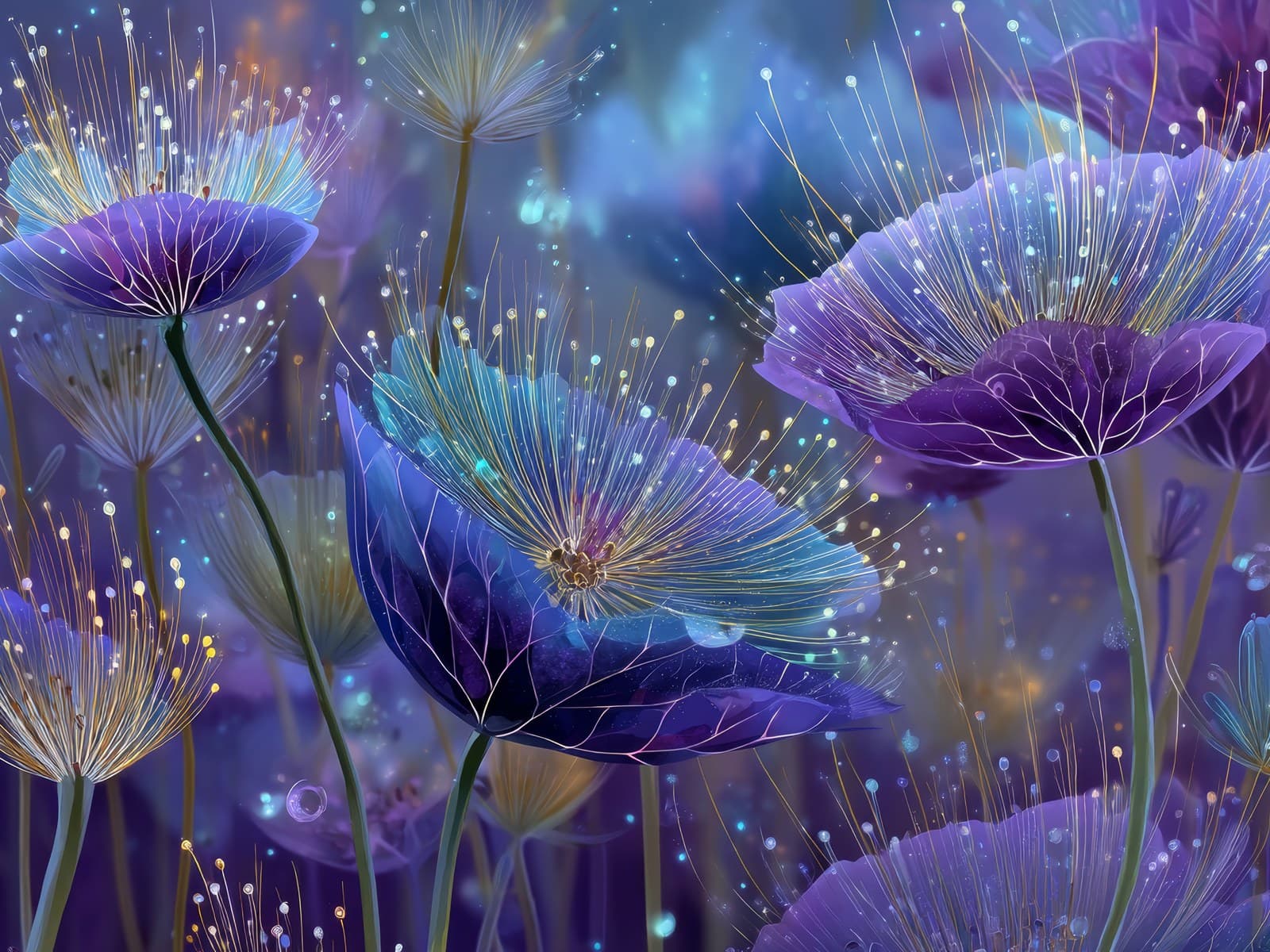 Blauwe pluisbloemen met lichtdraadjes