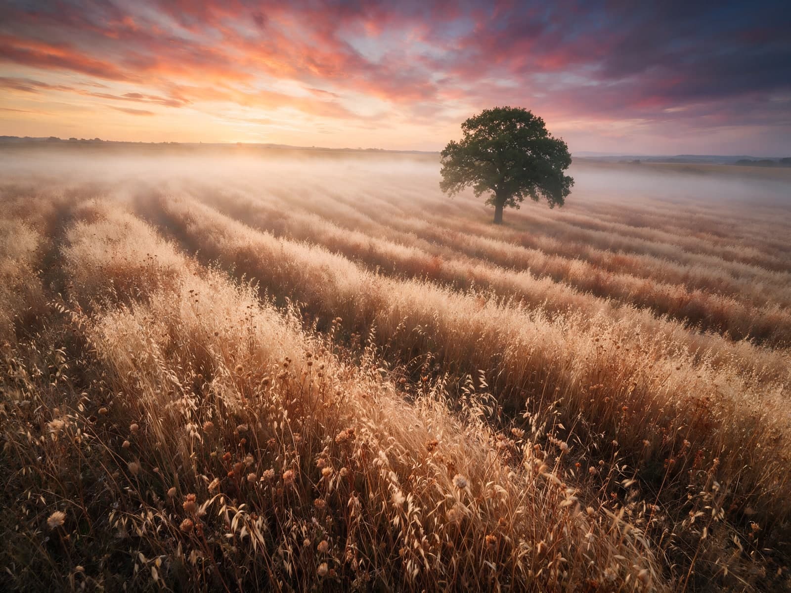 Eenzame boom in graanveld bij zonsopgang