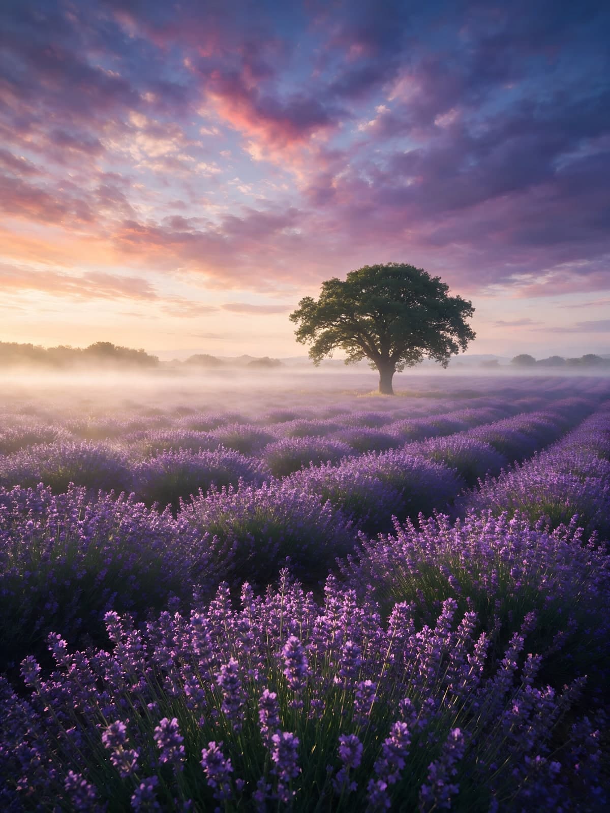 Lavendelveld met eenzame boom bij schemering