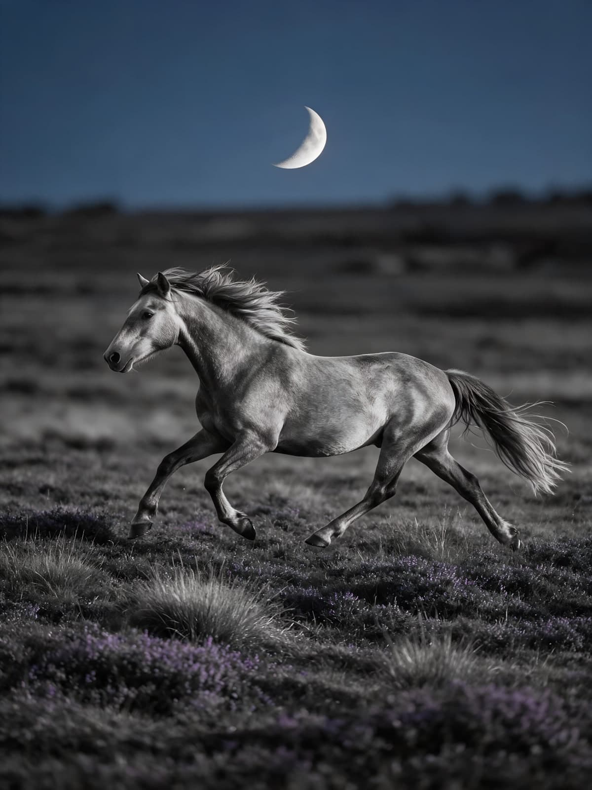 Galopperend paard onder een smalle maan