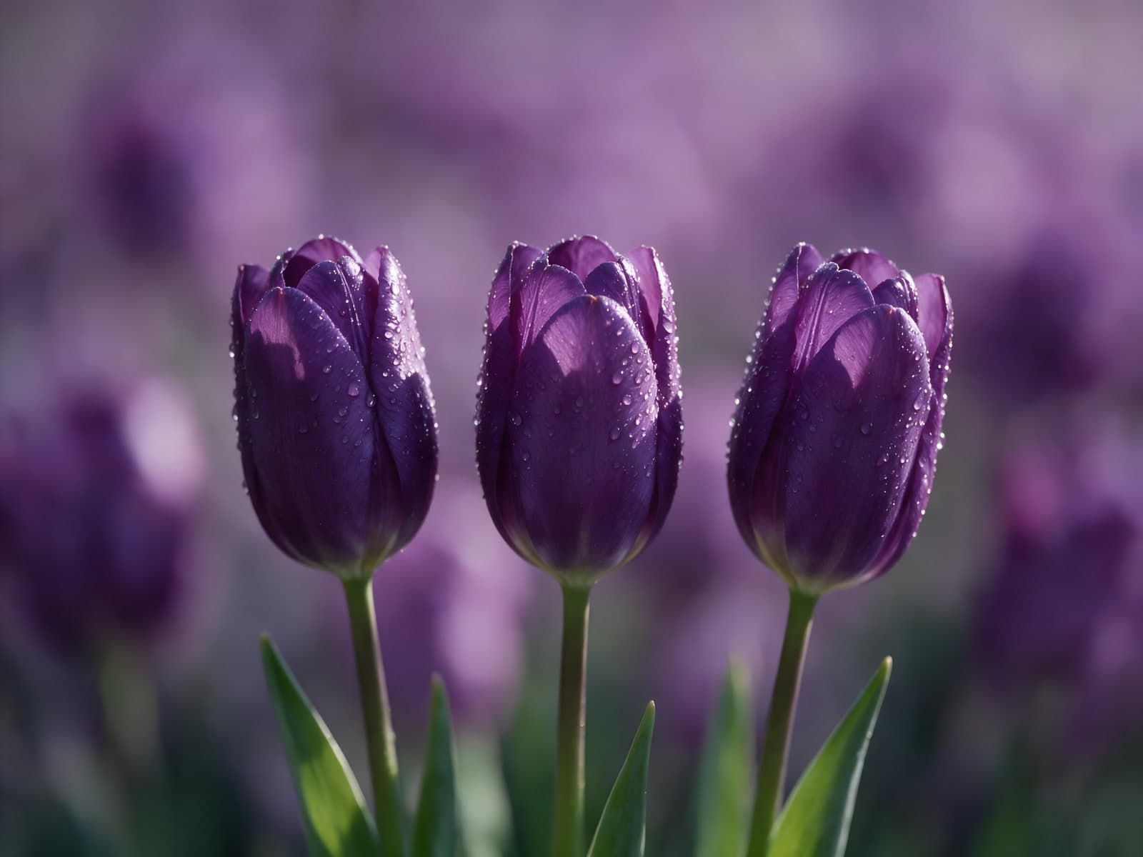 Drie paarse tulpen met dauwdruppels