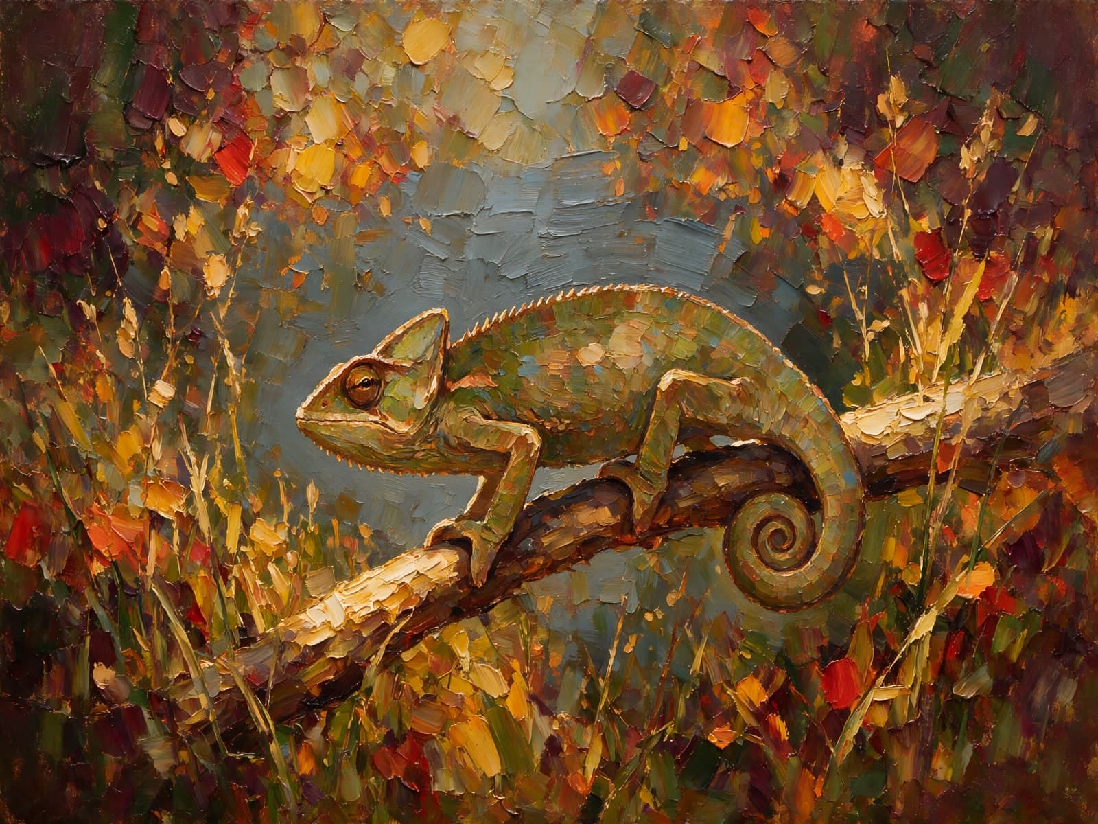 Kameleon op een tak tussen herfstkleuren