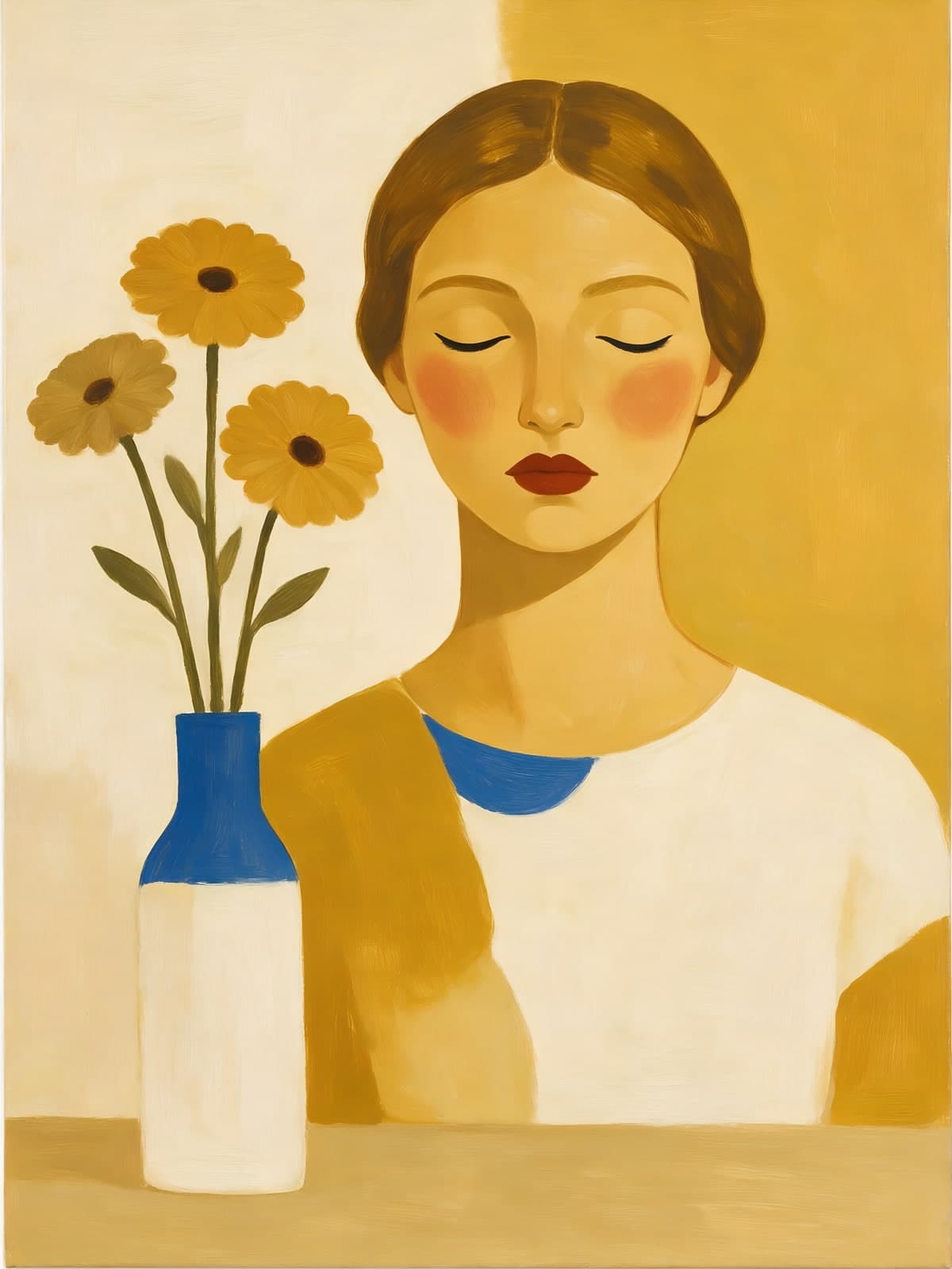Vrouw met gele bloemen in vaas