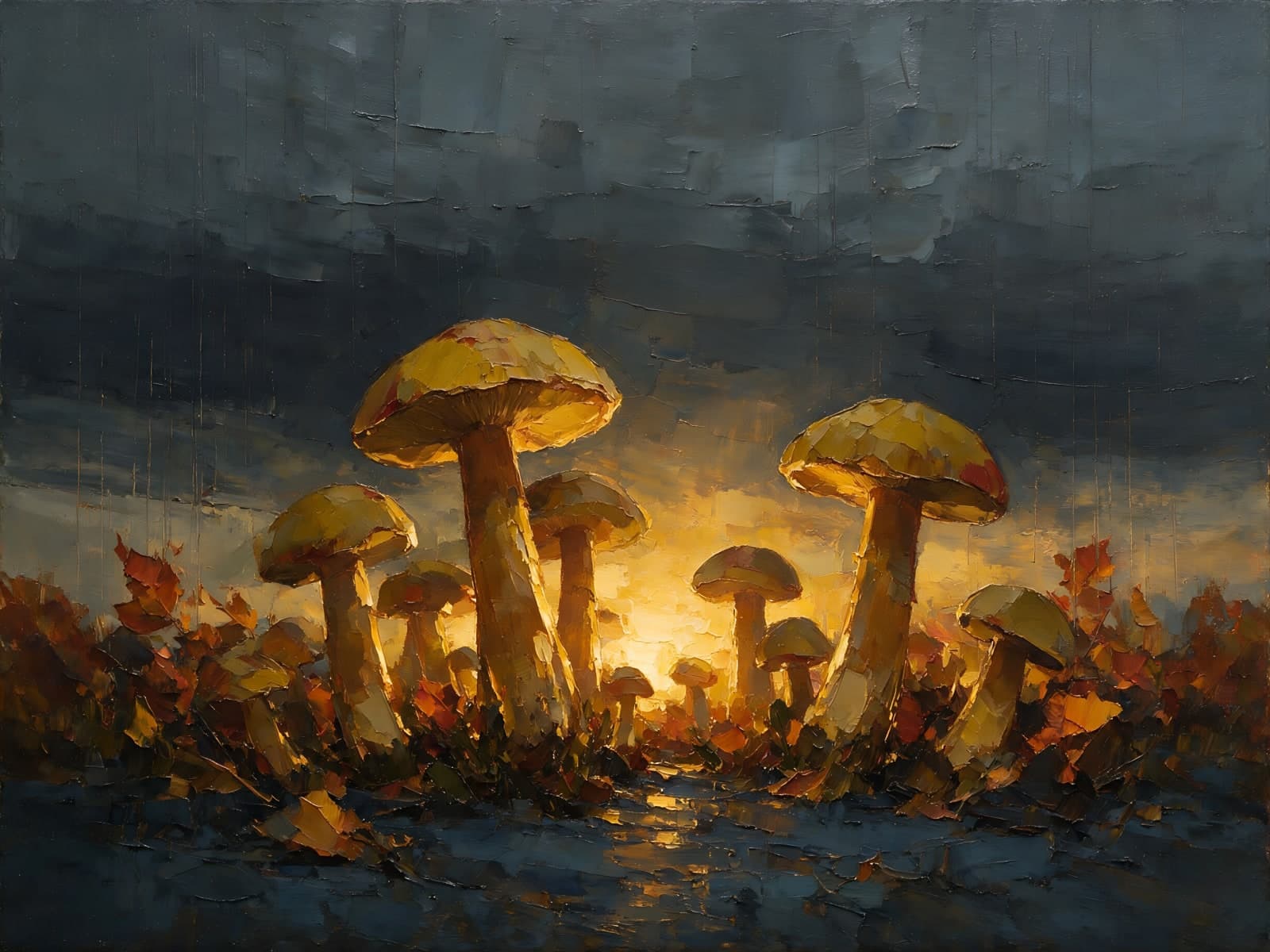 Gele paddenstoelen onder een stormachtige lucht