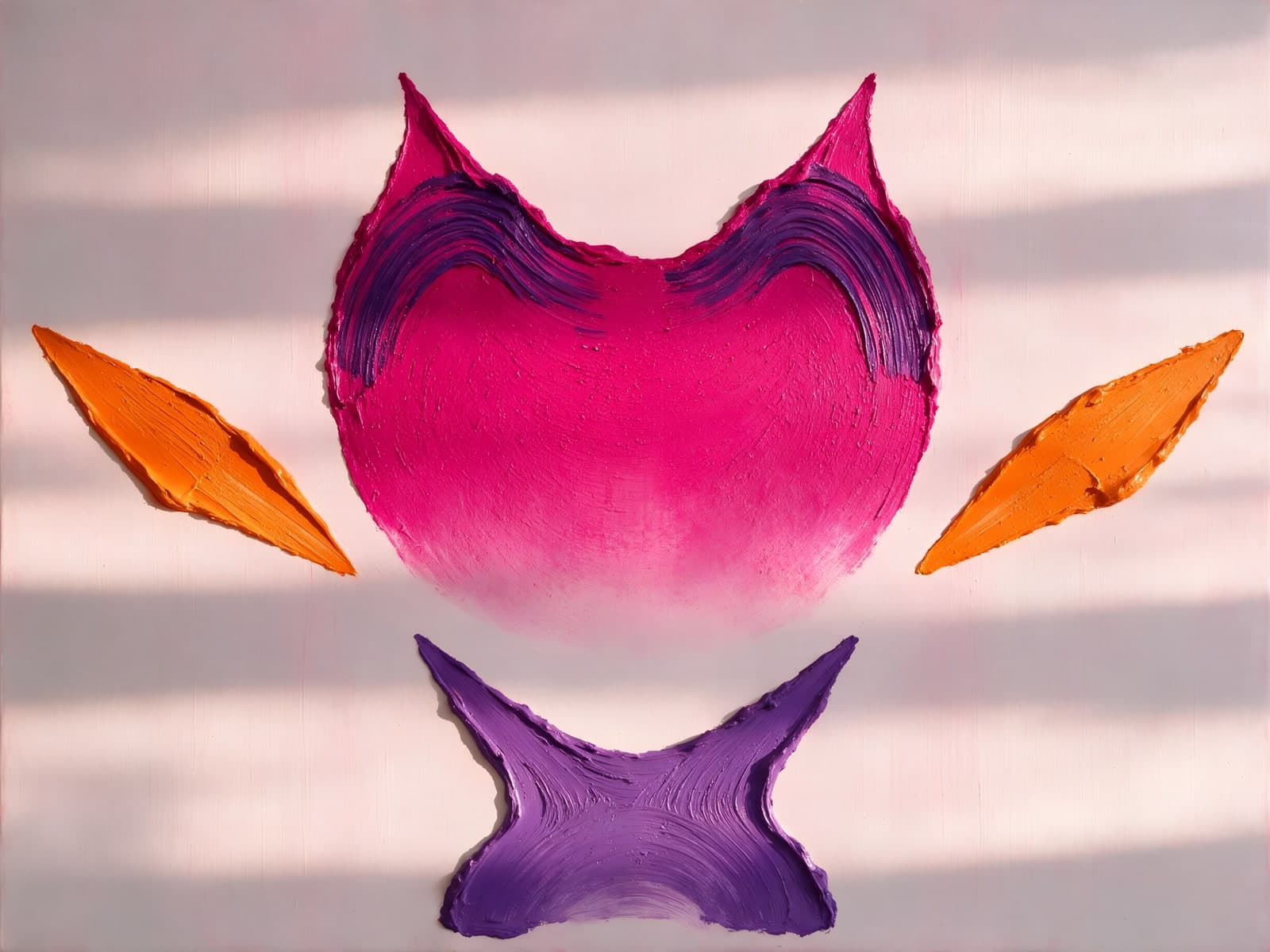Spiegelbeeldige verfvormen in magenta en oranje