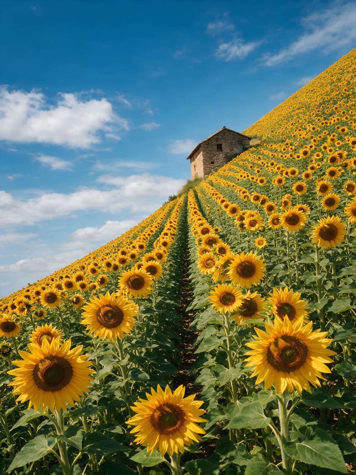 Zonnebloemenveld op een heuvel met huisje
