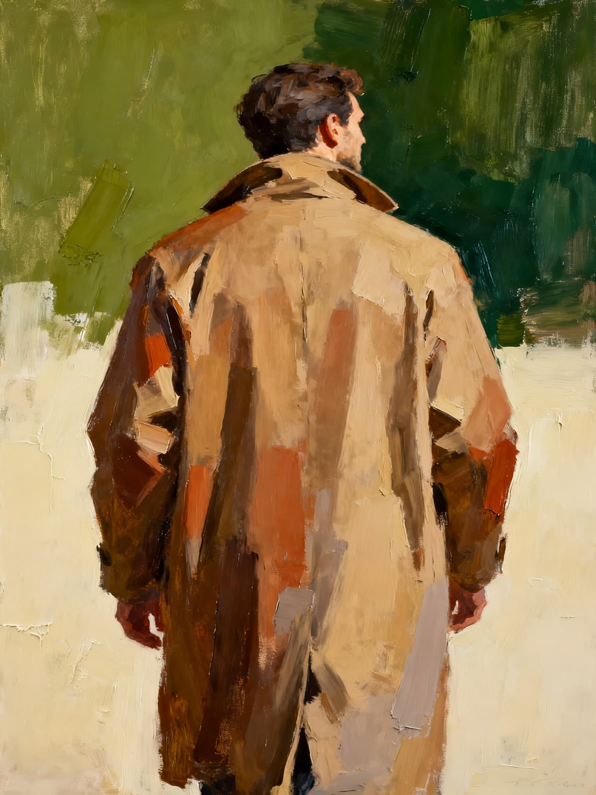 Man in beige jas van achteren gezien
