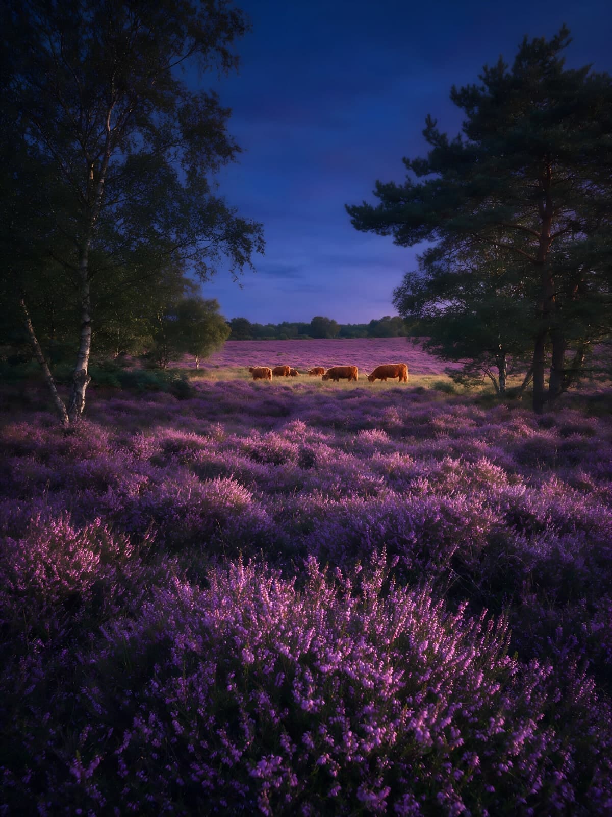 Paarse heide bij schemering met koeien