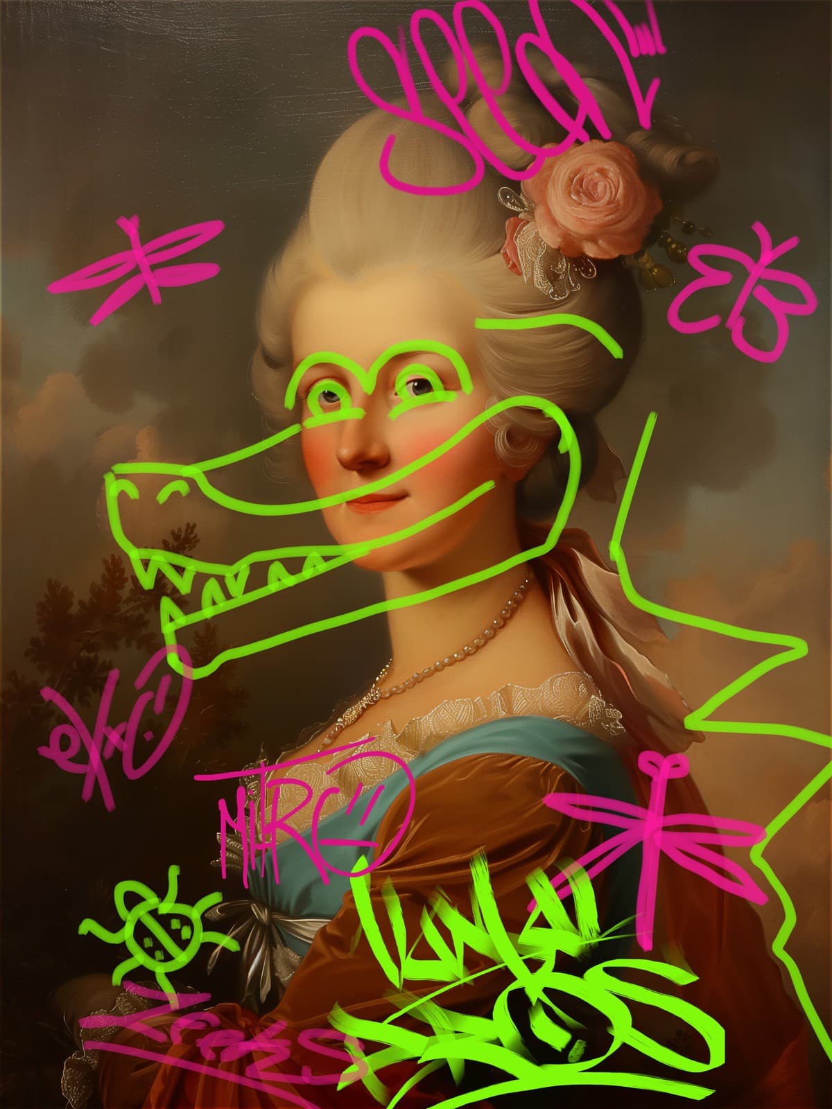 Dame met groene krokodillensnuit