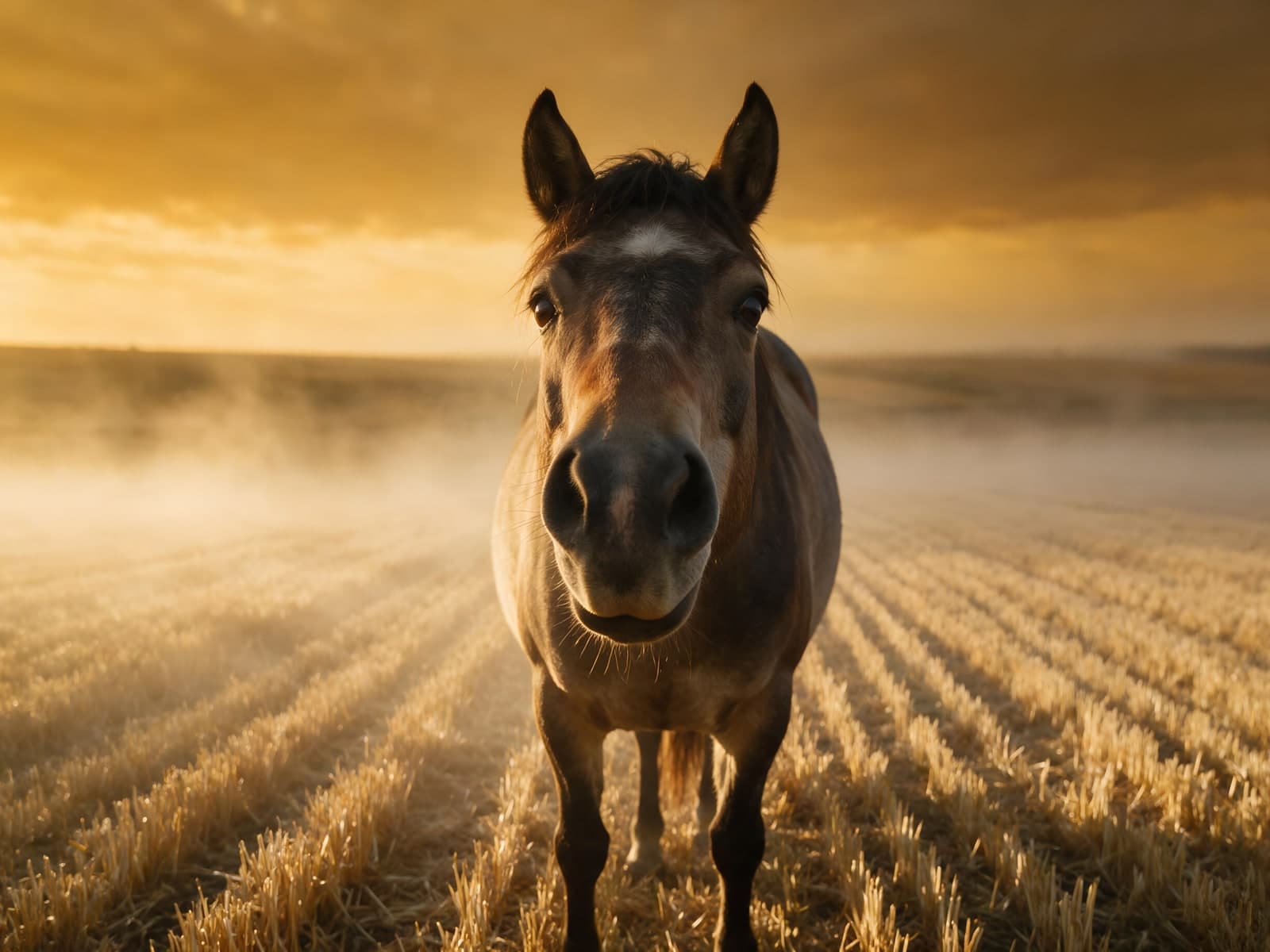 Paard in stoppelveld bij gouden mist