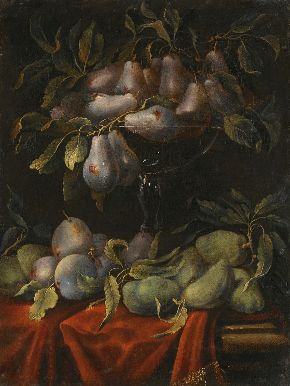 Stilleven met peren en vijgen in een schaal