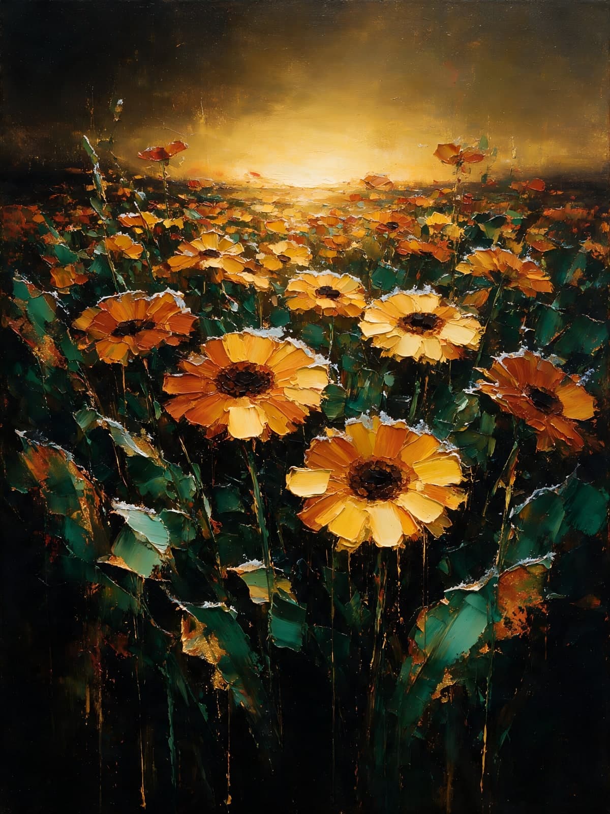Oranje zonnebloemen in een donker veld