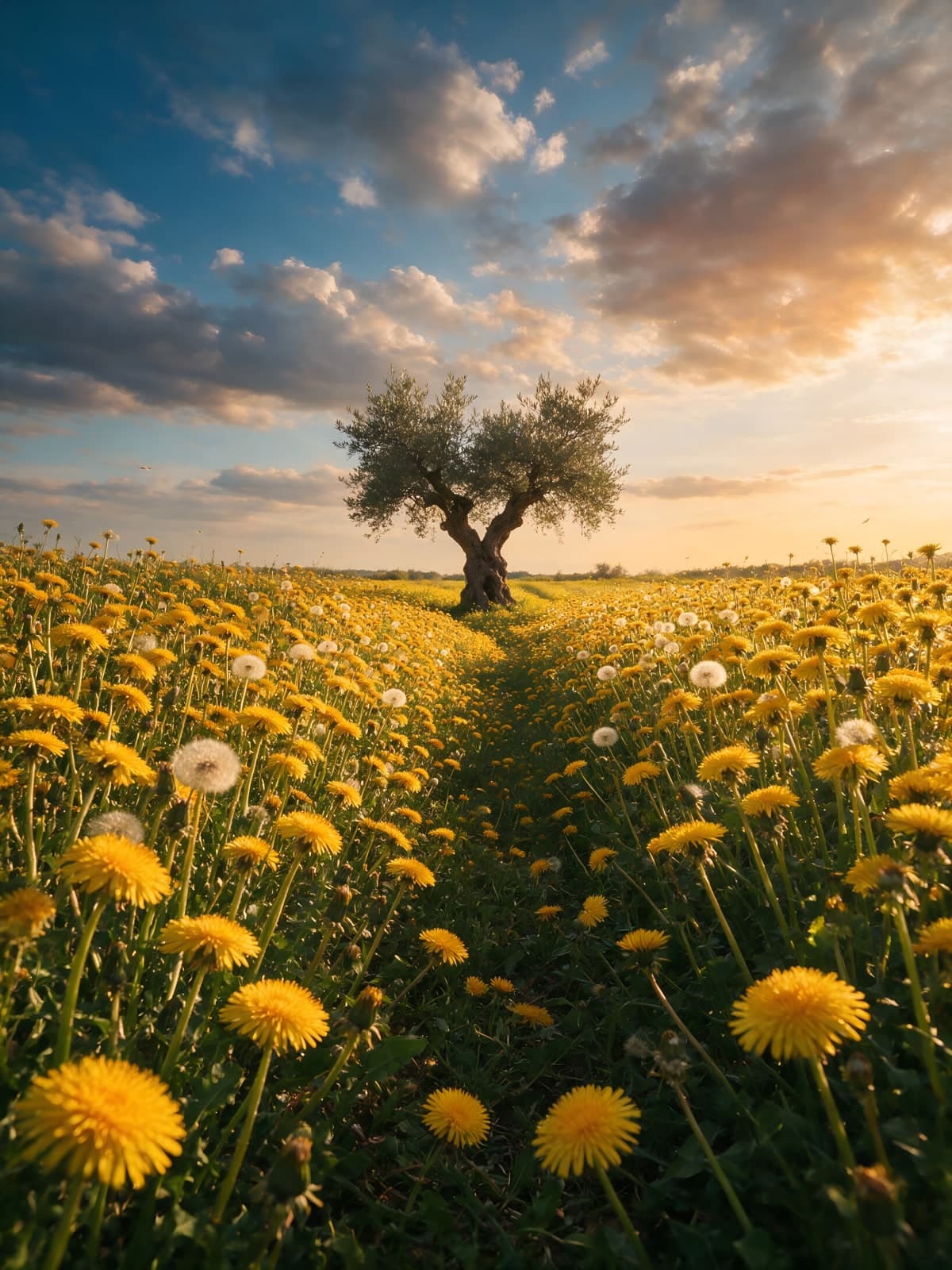 Boom in een veld vol paardenbloemen