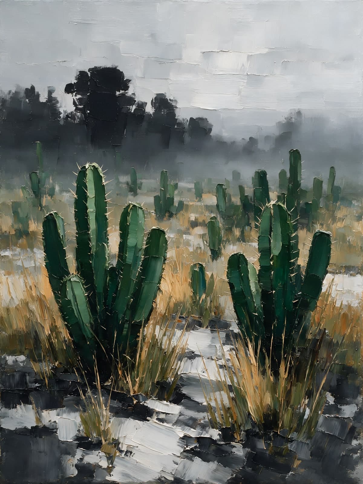 Groene cactussen in een grijs sneeuwlandschap