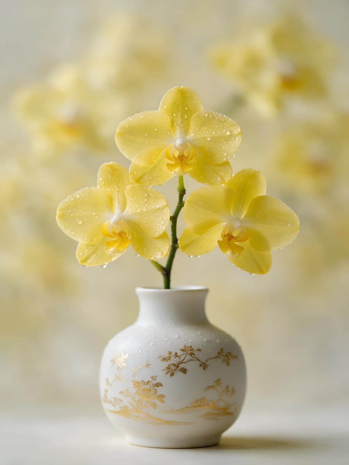 Gele orchideeën in een wit vaasje