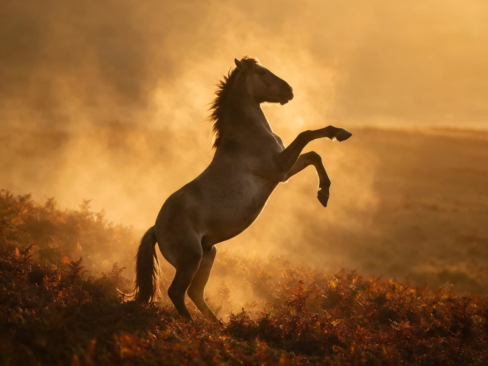 Steigerend paard in gouden stofwolk