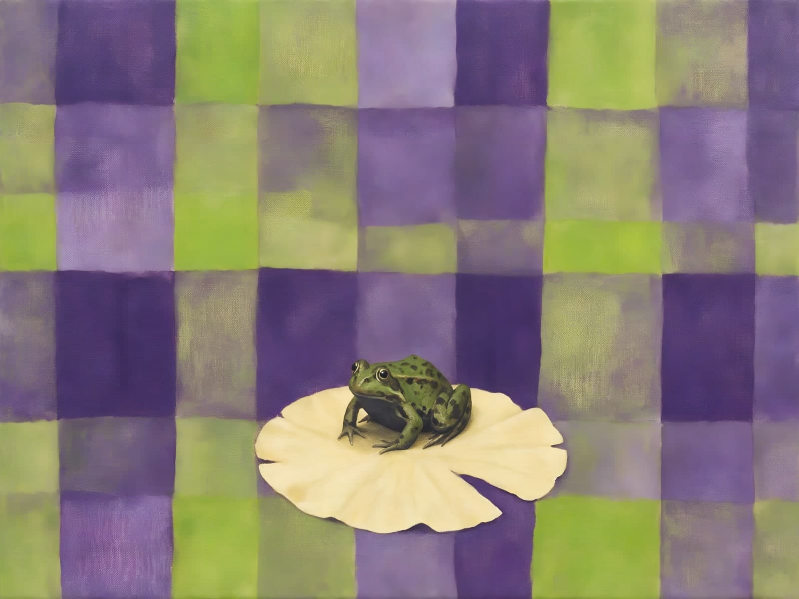 Kikker op een blad op geruit vlak