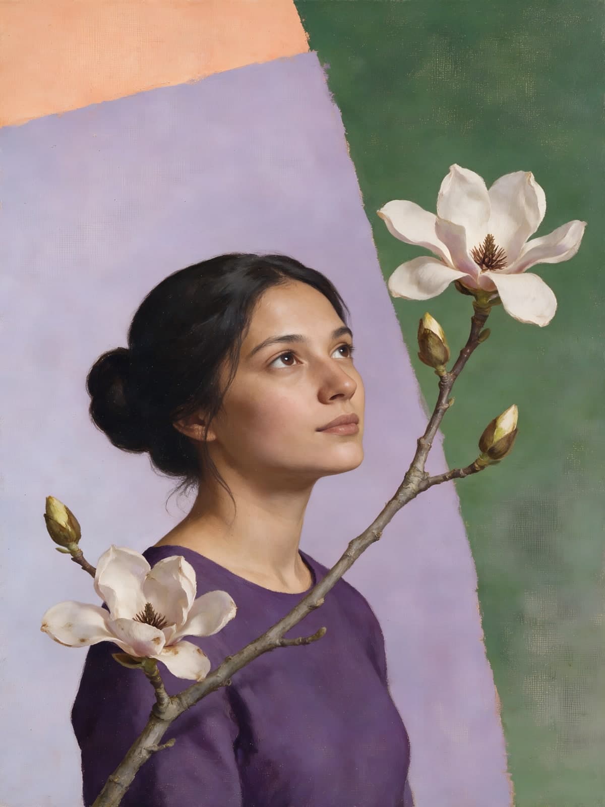 Vrouw met magnoliatakken voor lila achtergrond