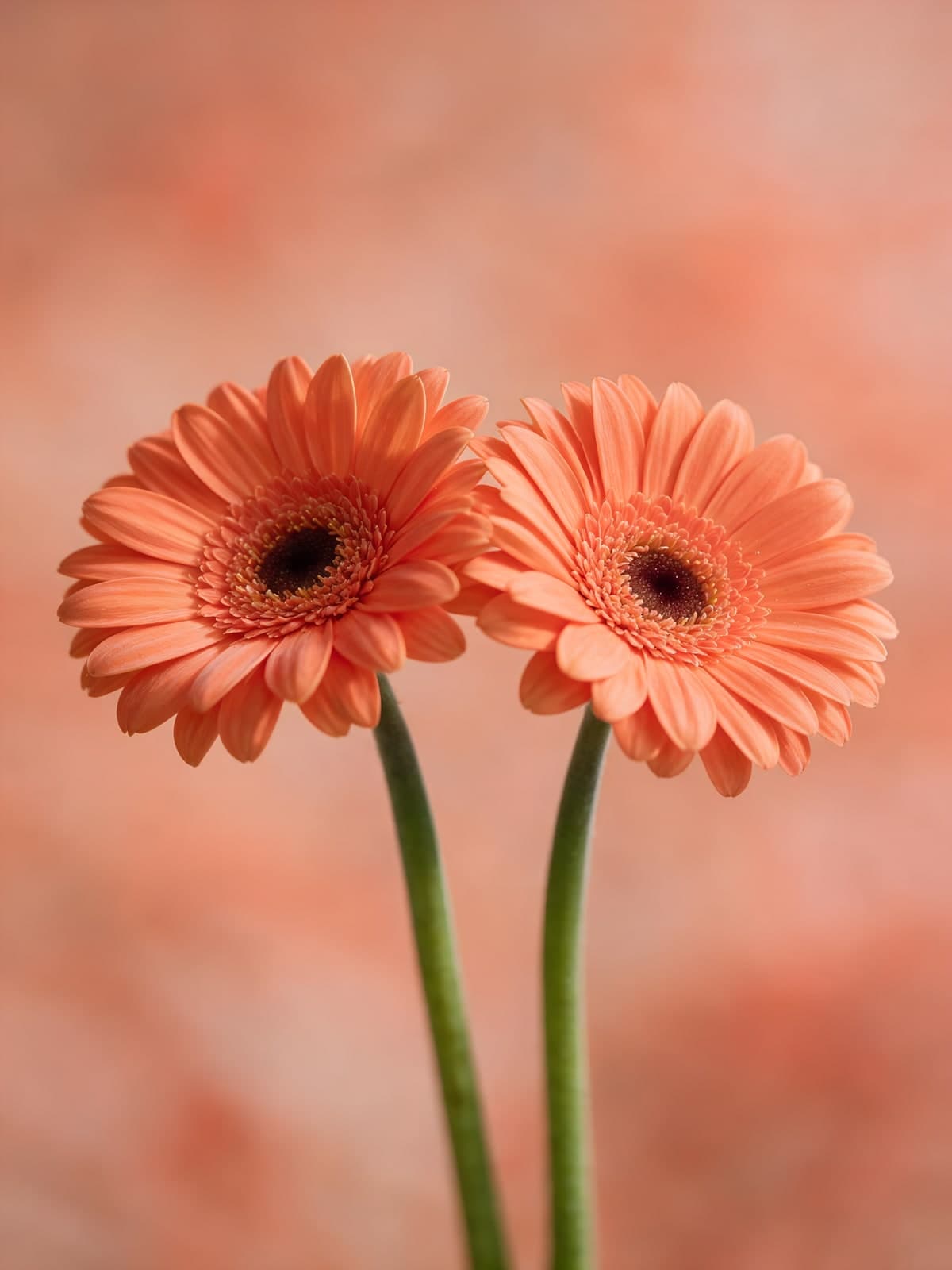 Twee oranje gerbera's voor roze achtergrond