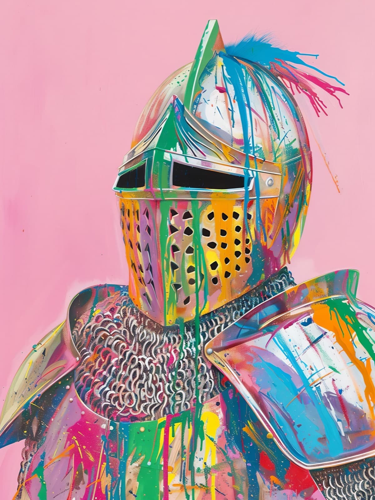 Ridderhelm met verfstrepen op roze achtergrond