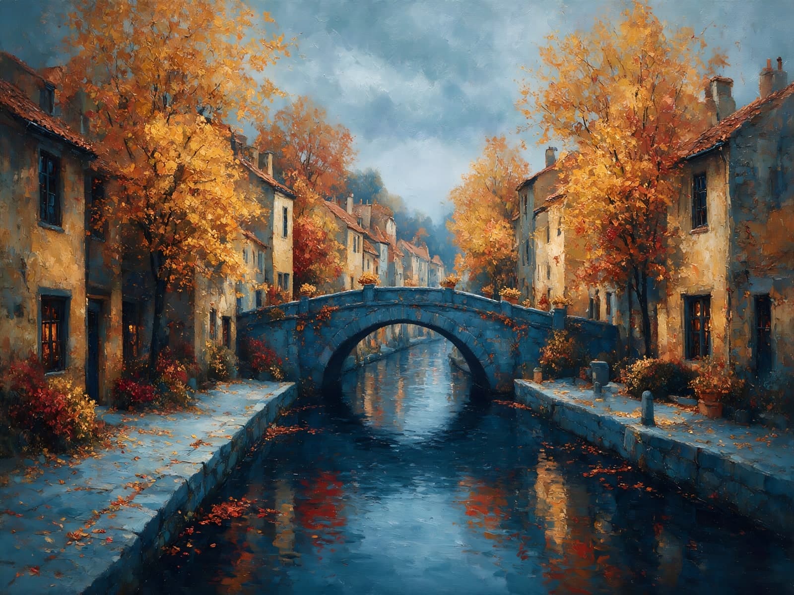 Gracht met stenen brug in herfstkleuren