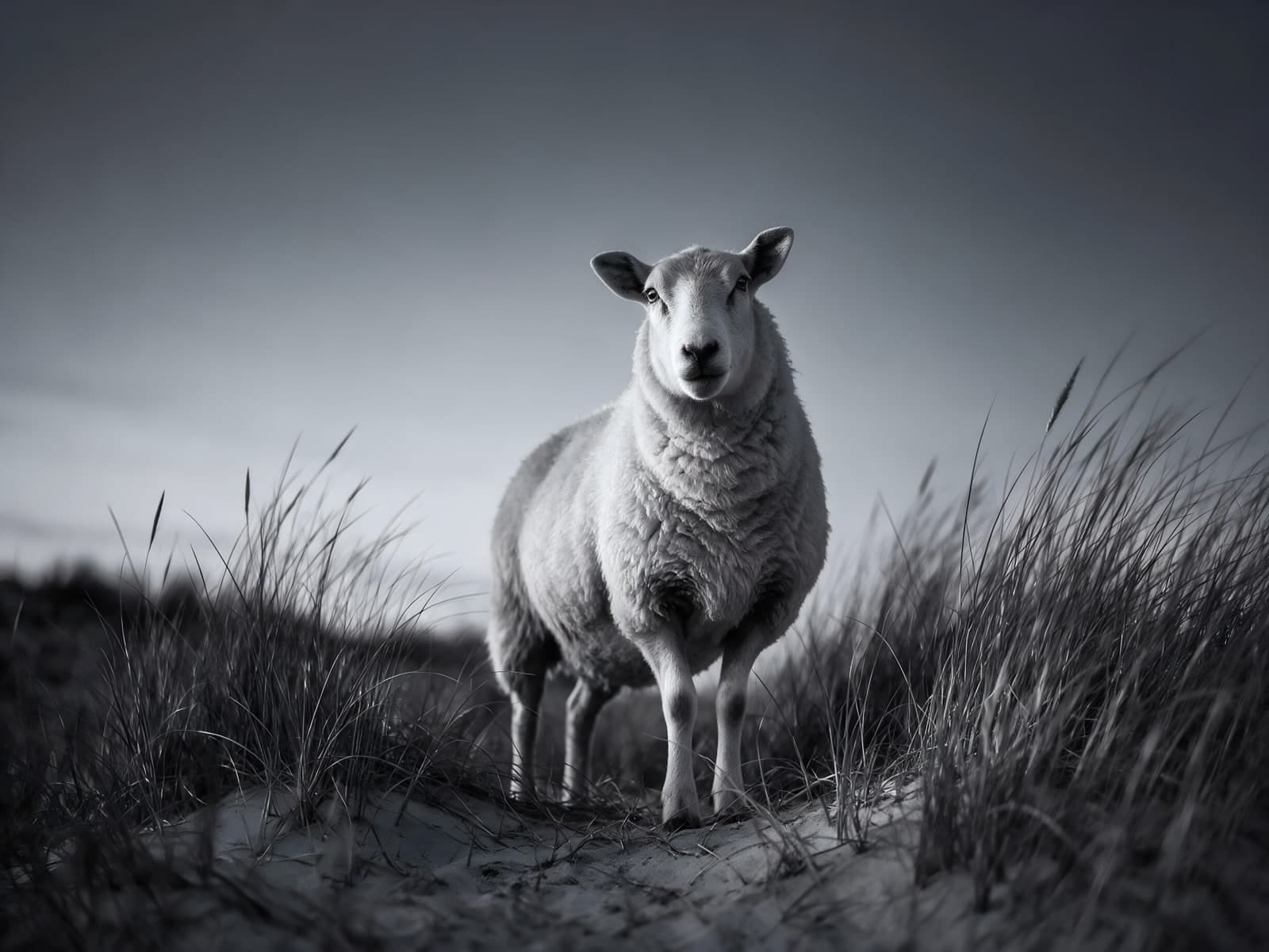 Schaap in hoog duingras onder grijze lucht