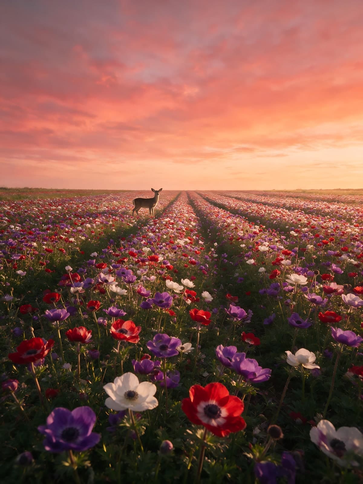 Hert tussen rijen anemonen bij roze hemel