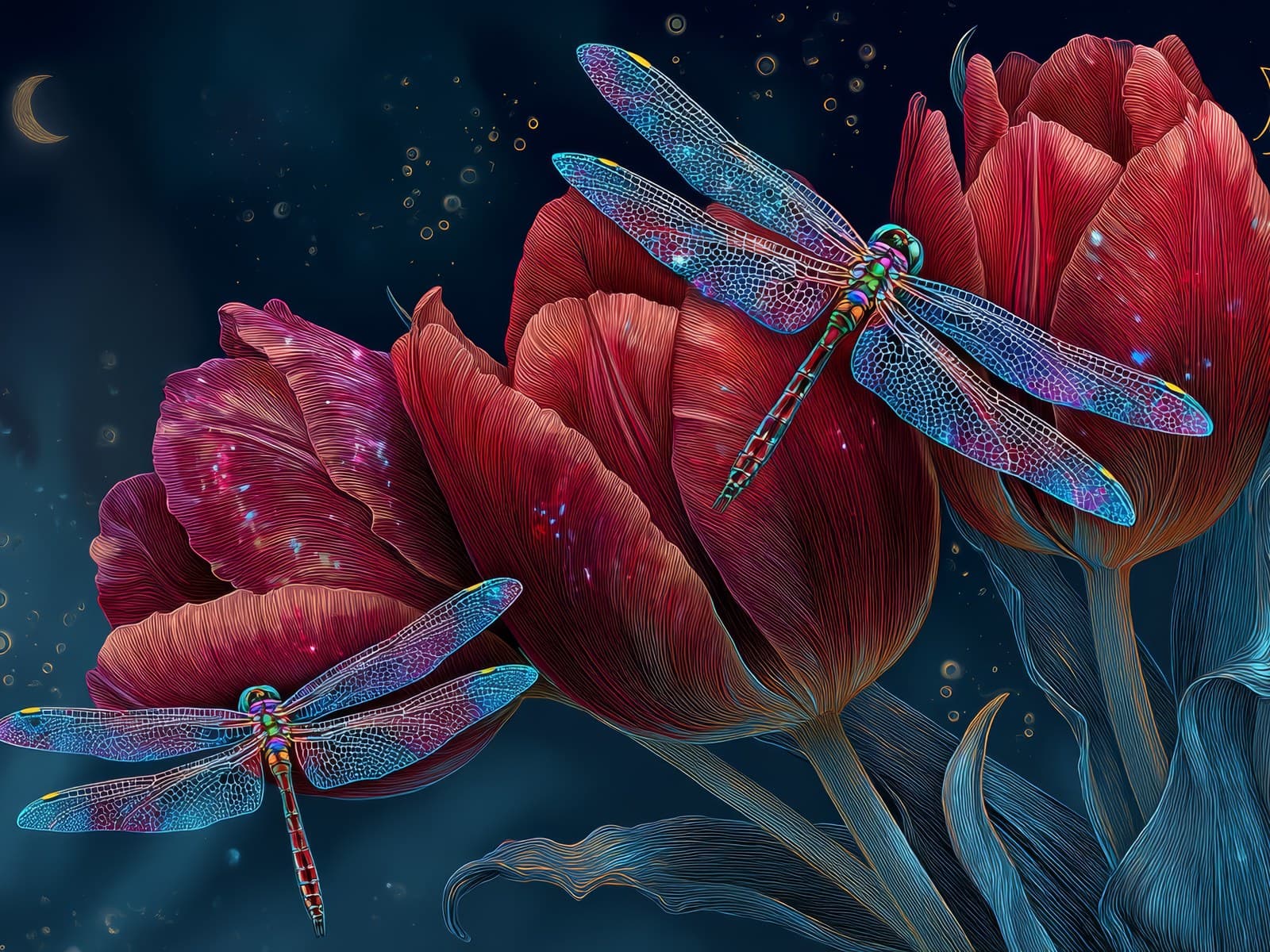 Rode tulpen met regenboogvleugelige libellen