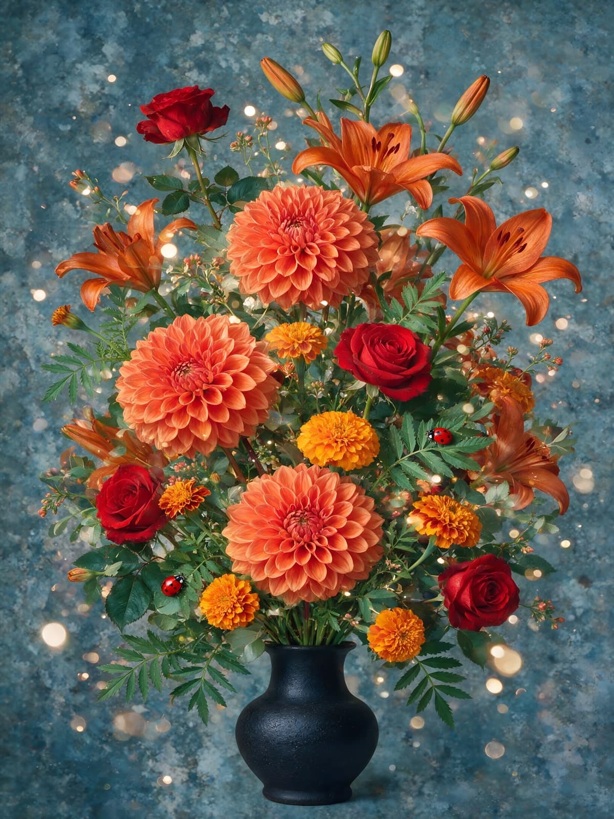 Boeket dahlia's en rozen in zwarte vaas
