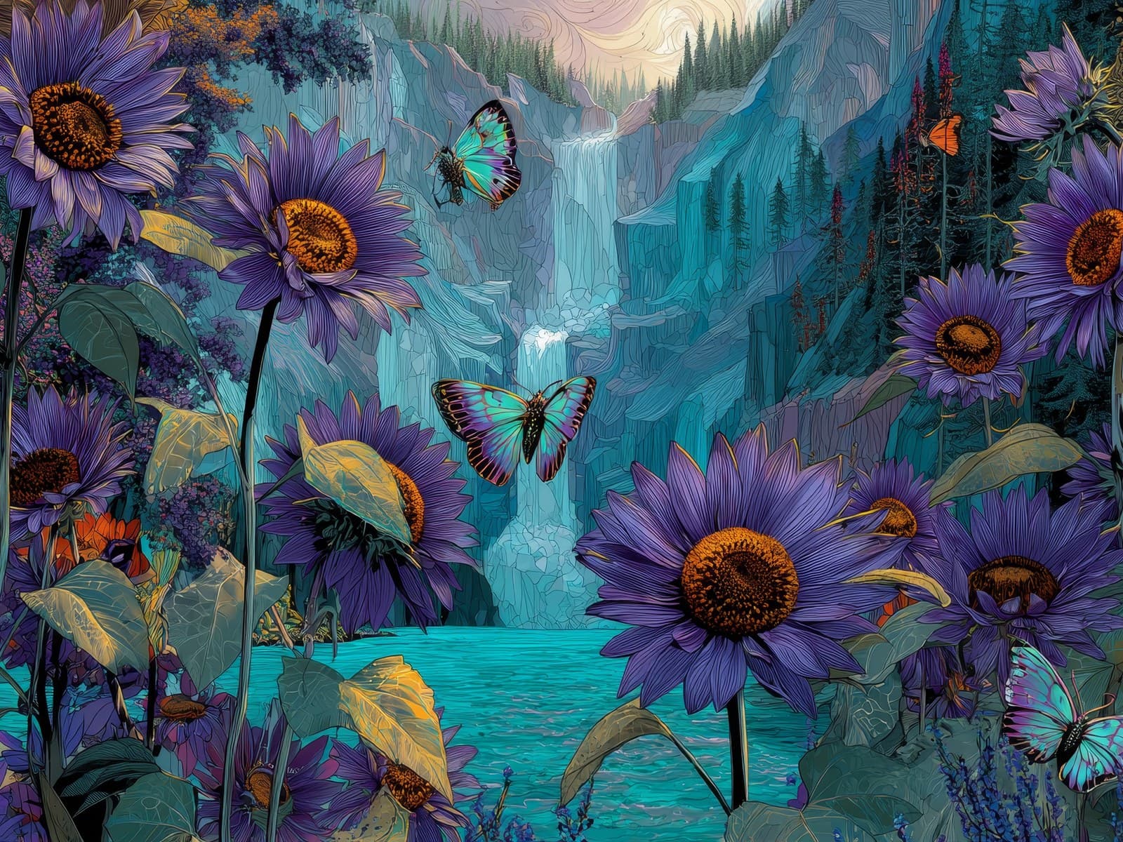 Paarse zonnebloemen met vlinders bij een waterval