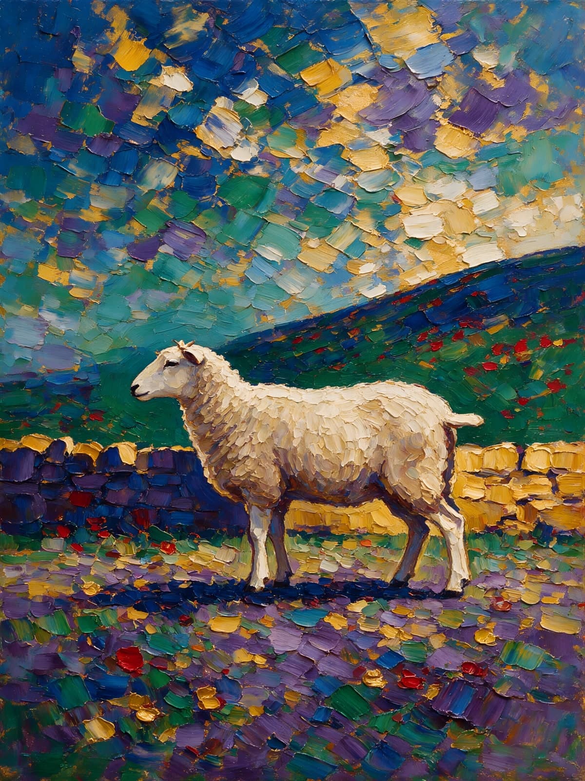 Schaap bij een stenen muur in verfvlakken