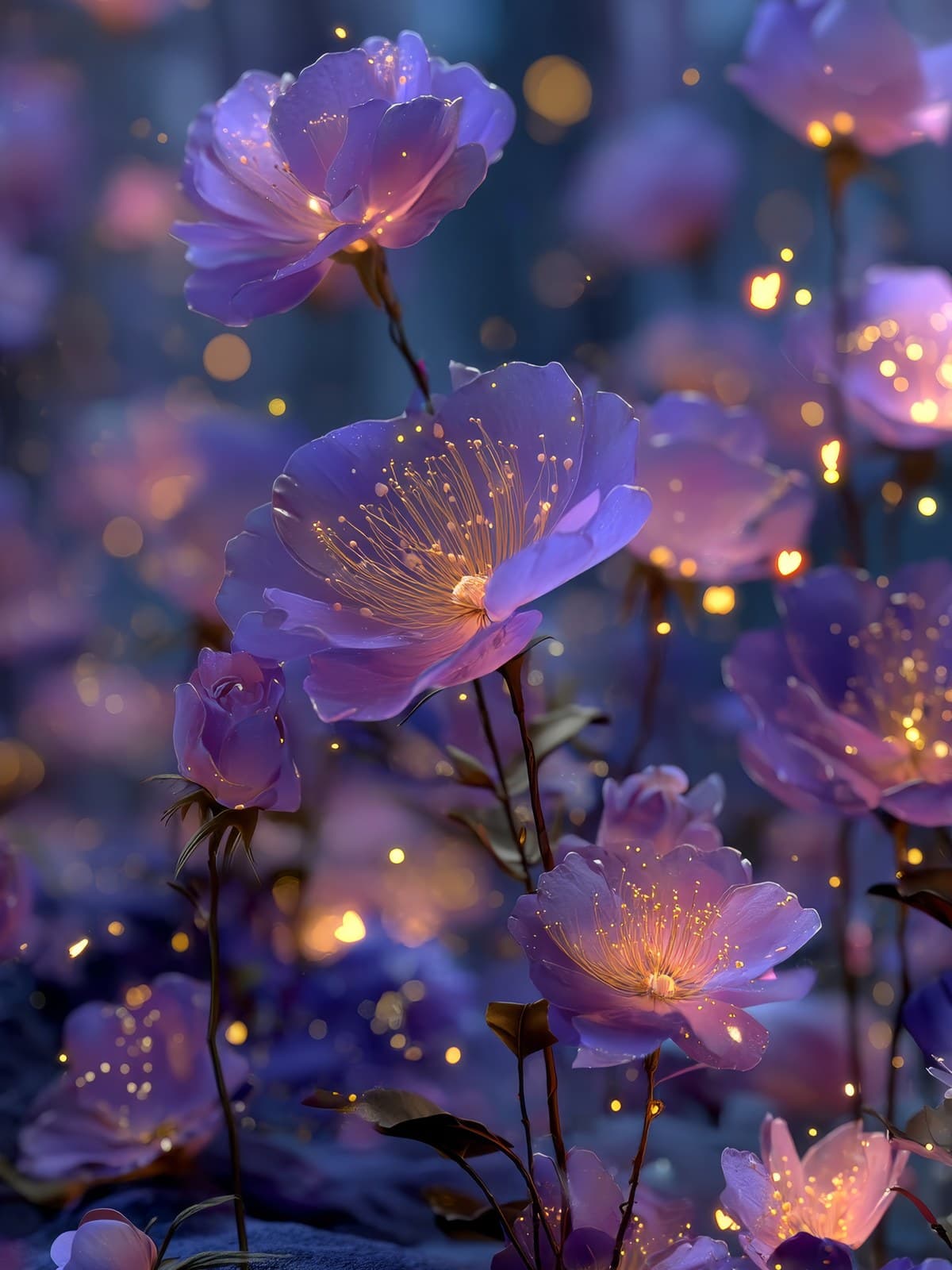 Paarse bloemen met lichtpuntjes in de avond
