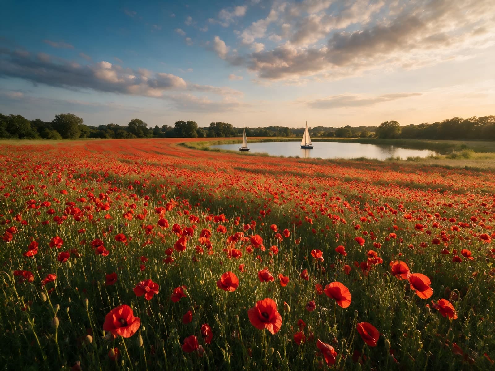 Klaprozenveld aan een meer met zeilbootjes