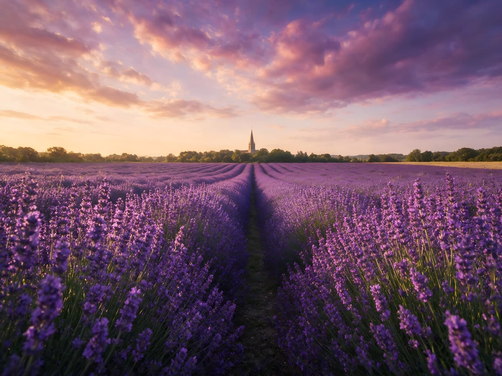 Lavendelveld met kerktoren bij schemering
