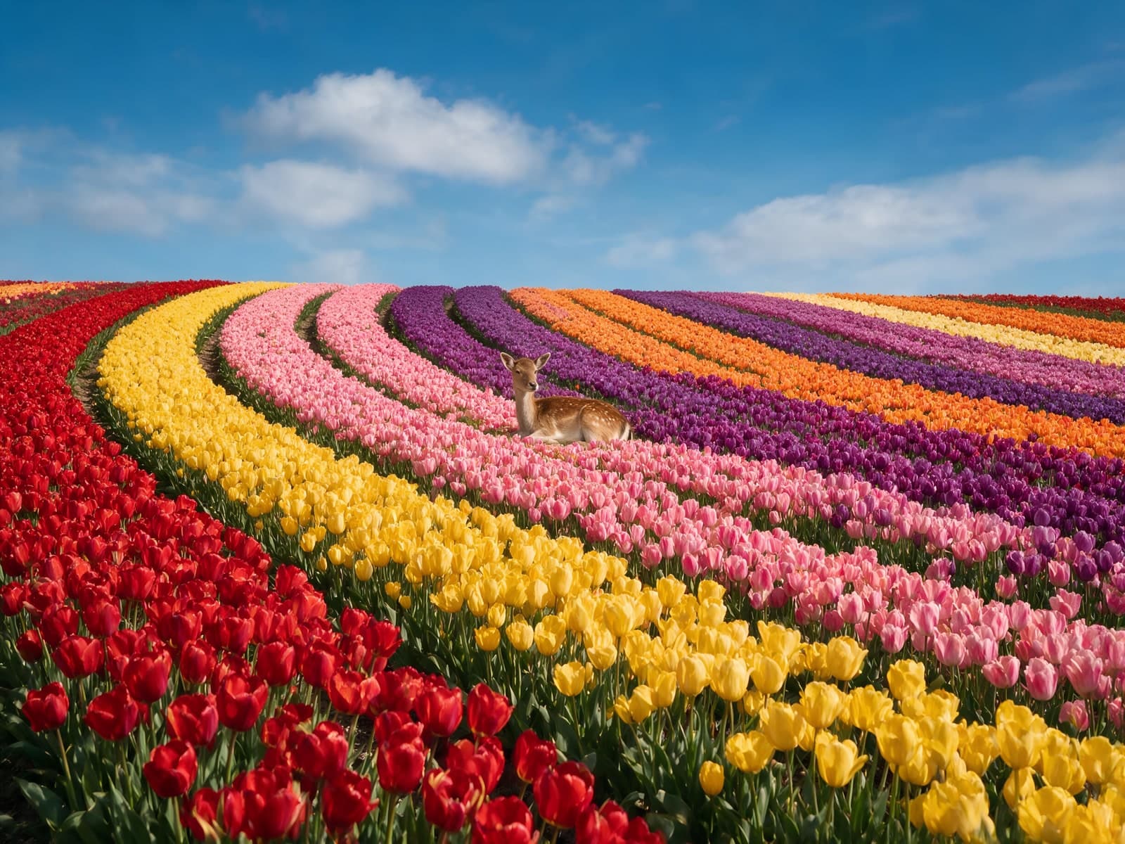 Gekleurde tulpenrijen onder blauwe lucht